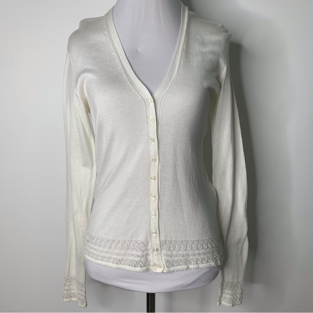 Ralph Lauren Black Label White V Neck Cotton Button Down Knit Cardigan Small